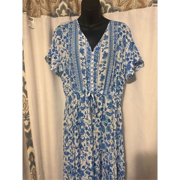 GREAT CONDITION BEAUTIFUL Women's Dress, Women Blue Floral Print Sashes Pleated - Picture 2 of 7